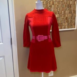 Alice + Olivia Red & Pink Wool Dress with Patent Pink Belt. 32” length